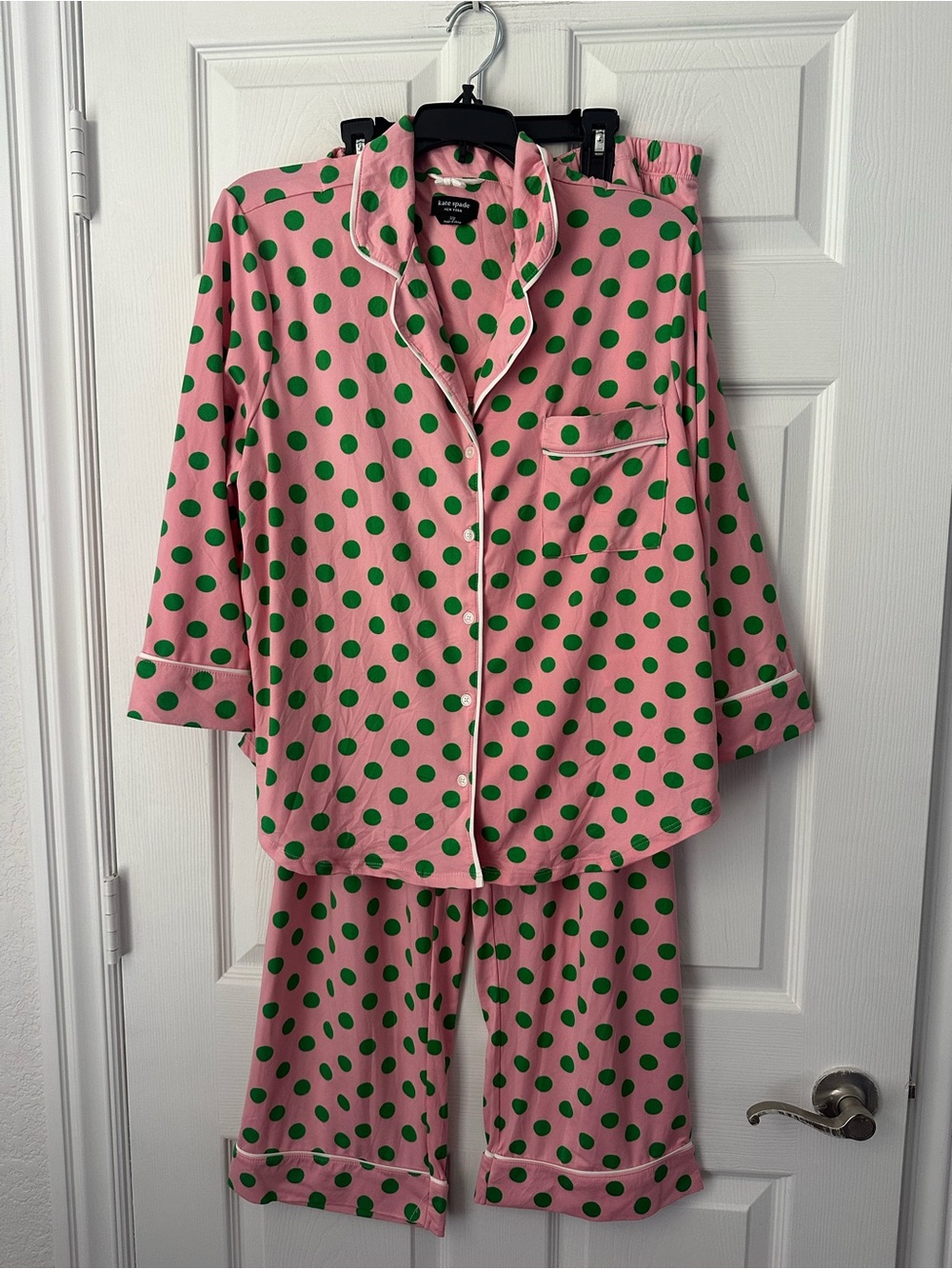 Kate Spade New York pink and green polka-dot 3/4-sleeve pajama set Large